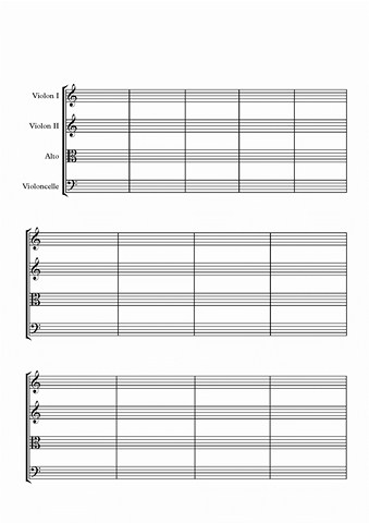 Papier musique pour quatuor à cordes avec barres de mesures (P4-cordes-14) Papier musique pour quatuor à cordes avec barres de mesures