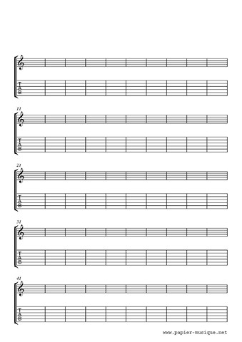 Tablature et portées 50 mesures numérotées (PS-GTPATAB-50) Tablature et portées 50 mesures numérotées
