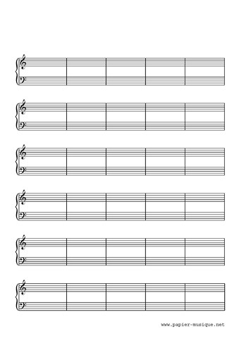 6 portées piano avec cles et barres de mesures